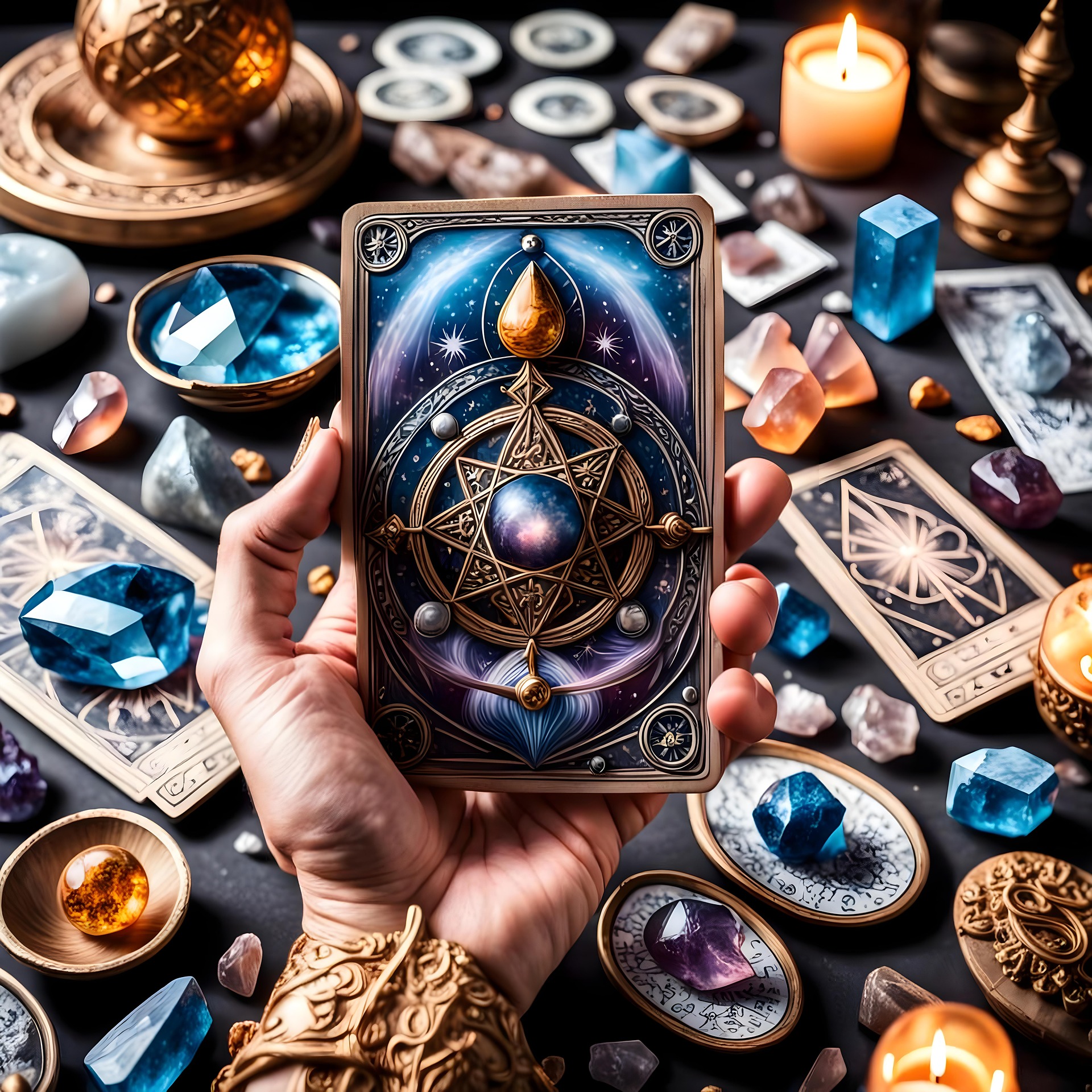 A hand holding a mystical tarot card surrounded by crystals and candlelight